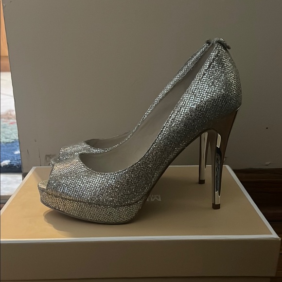 Michael Kors Shoes - Michael Kors Silver Peep-Toe Heels